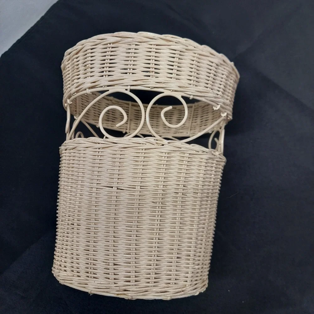 Vintage Wicker Wastebasket Cream White Scrollwork Metal Accents Storage Basket